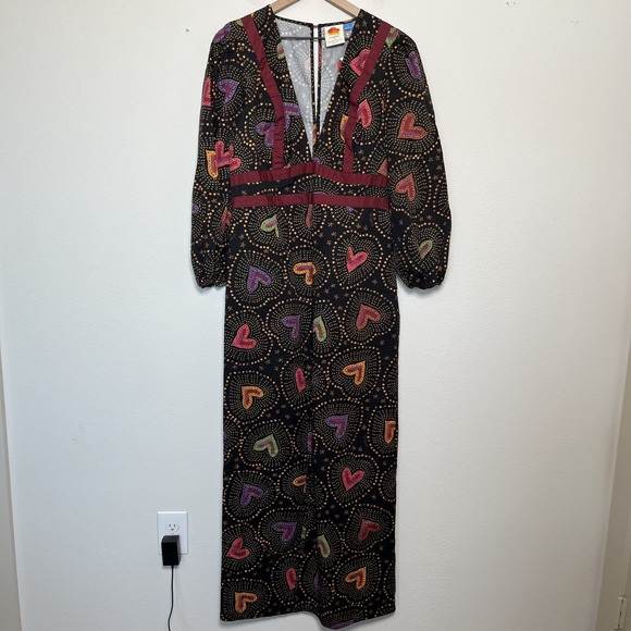 NEW Farm Rio Women Maxi‎ Jumpsuit Medium Black Hearts Deep V Whimsigoth Dark - Picture 2 of 16